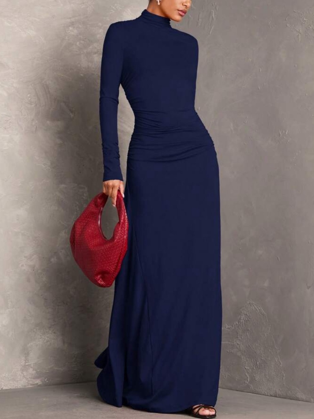 Elegant Navy Blue Turtleneck Maxi Dress - Women